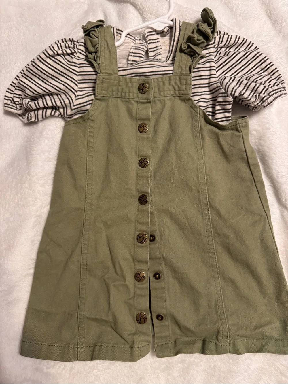 Girls Olive Green Button-Front Pinafore Dress